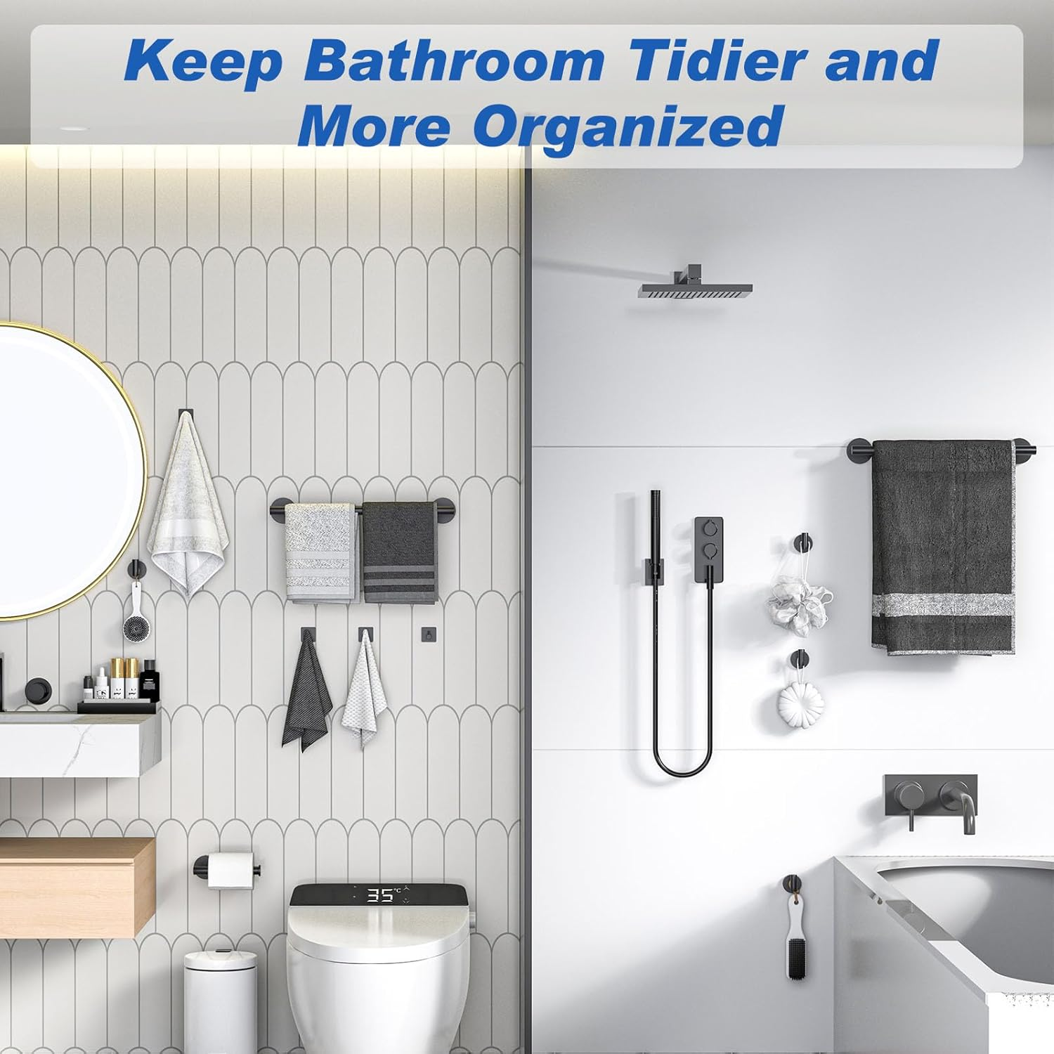 Bluefire 12-Piece Bathroom Hardware Set, Wall Mounted Bathroom Accessories Set Towel Bars for Bathroom Towel Holder Set with 2 Paper Tower Holders 2 Towel Bars 4 Adhesive Hooks 4 Towel Hooks(Black) image number 1