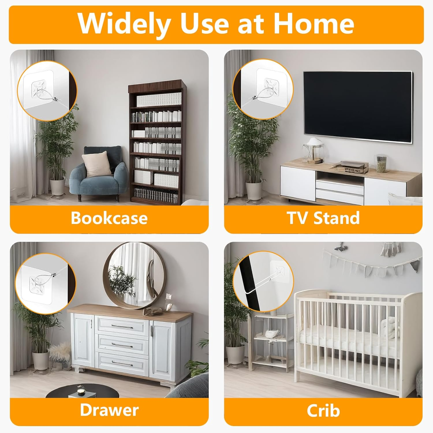 No Drill Metal Furniture Anchors (10 Packs) for Baby Proofing, 14" Adhesive Anti-Tip Furniture Wall Safety Straps for Child, Keep Toddlers & Pets Safe from Falling Furniture like Dresser & Bookshelf