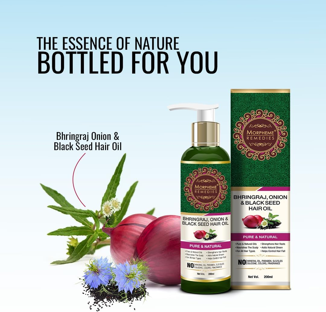 Morpheme Remedies Bhringraj, Onion & Black Seed Hair Oil - Promotes Hair Growth - Controls Hair Fall - No Mineral Oil & Silicones - 200Ml image number 1