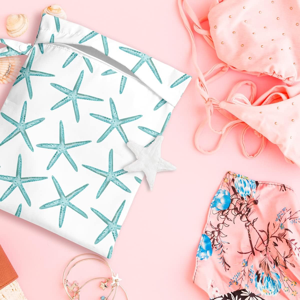 Zcyxuuw Wet Bag, Wet Dry Bag, Wet Bag for Swimsuit, Travel, Beach, Pool, Diapers, Dirty Yoga Gym Clothes, Makeup Bag, Waterproof Reusable Beach Bag Ocean Decor Starfish Sea Horse Anchor - Starfish-02 image number 6