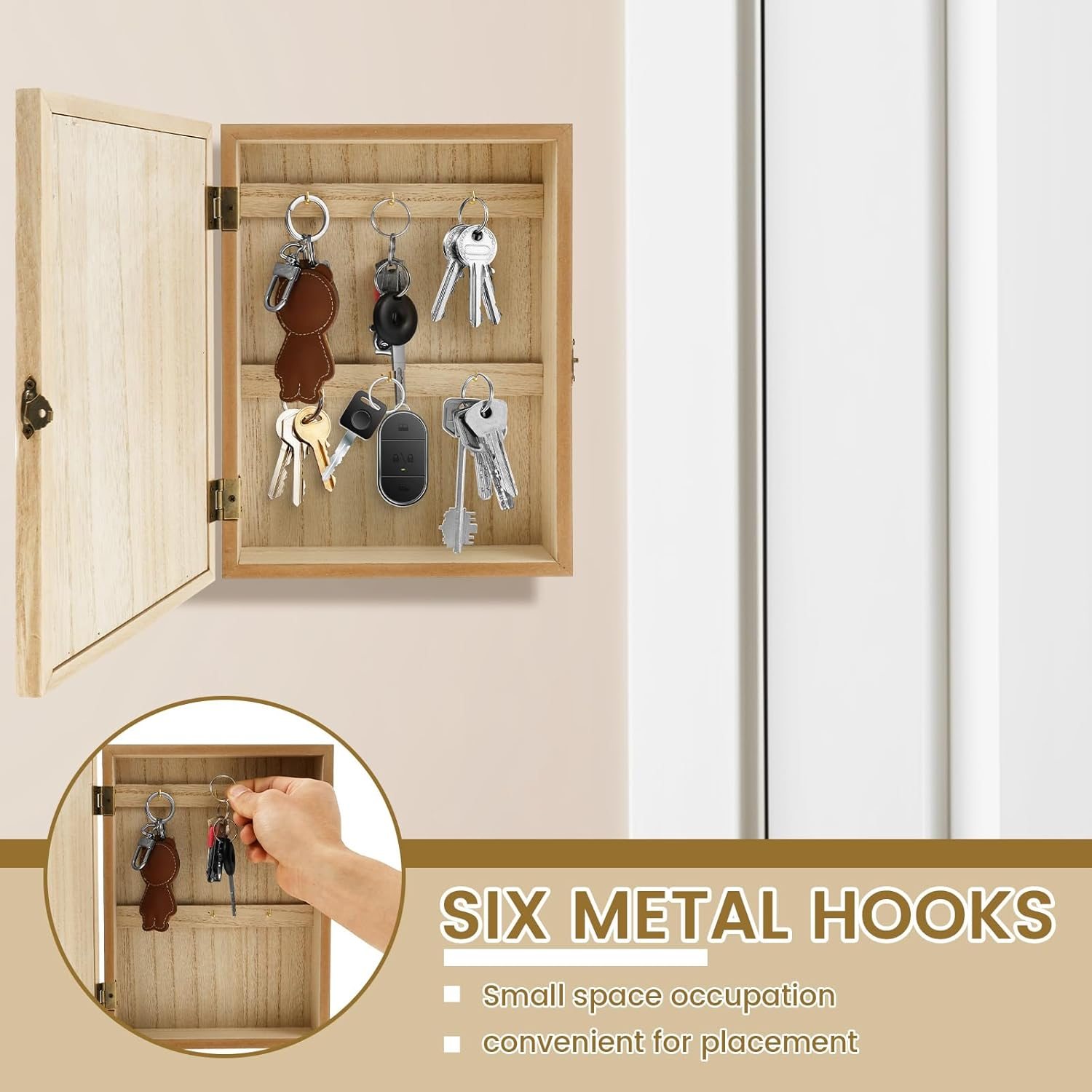 Wooden Key Box, Key Holder Wall Mount Decorative Wooden Key Cabinet Holder with 6 Hooks Rustic Access Card Hanger Organizer for Home Entryway Hallway (Beige A) image number 1