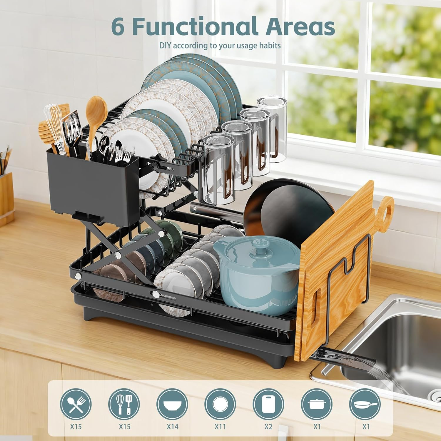 Dish Rack for Kitchen Counter Large 2 Tier Dish Drying Rack with Drainboard Set Folding Dish Drainer with Dishwashing Sponge for Kitchen Storage & Organisation (Black)