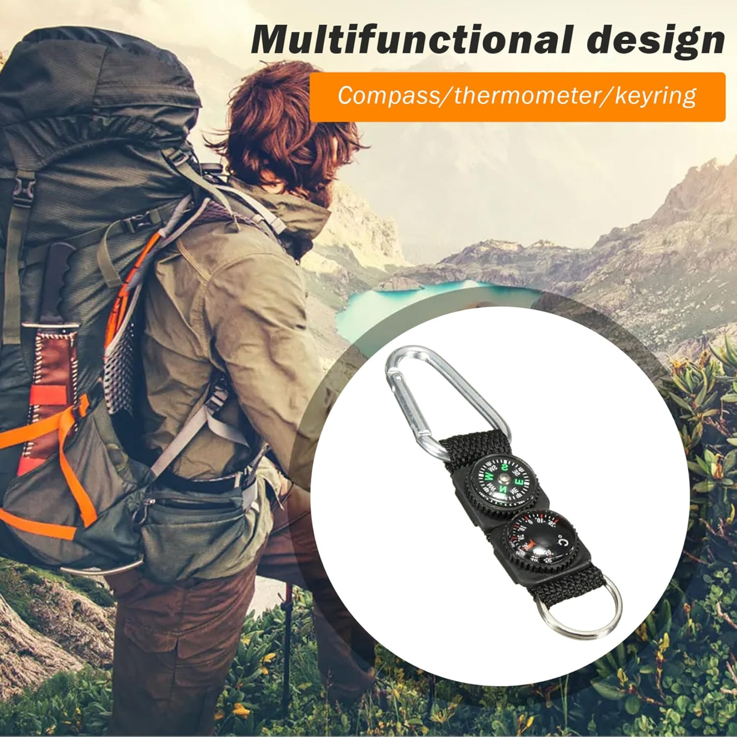 Compass Keychain Carabiner with Thermometer, Waterproof Hanging Mini Hiking Compass, Multifunctional Survival Tool for Outdoor Sports Hiking Camping Black Compass Carabiner Outdoor Compass Thermomete image number 4