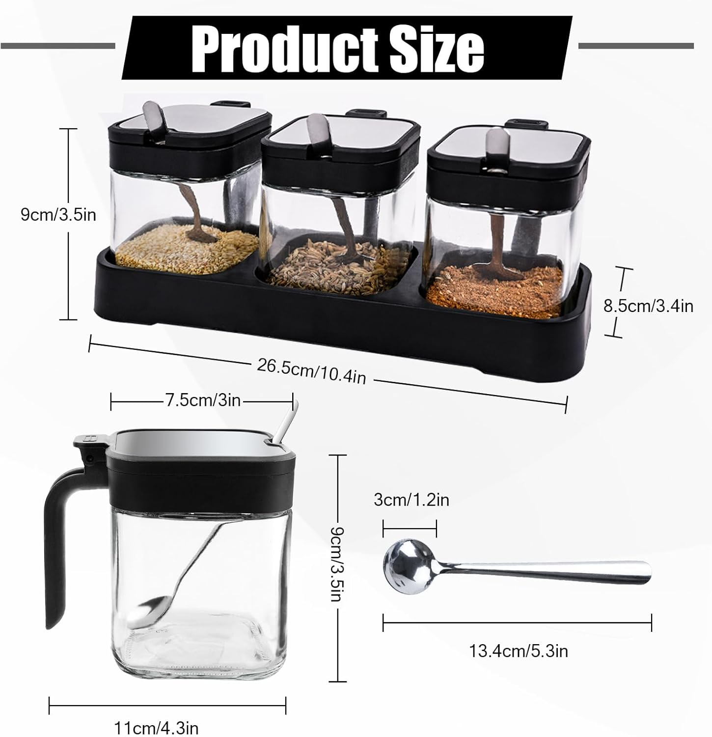 DIYJEP Pack of 3 Spice Shaker with Stainless Steel Spoon, Glass Square Spice Container with Lid and Base, Clear Sugar Bowl, Cereal Dispenser, Spice Jar for Flour, Kitchen, Seasoning, Salt, Sugar, Tea image number 5