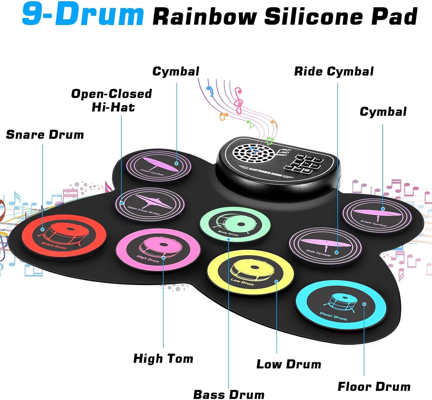 9 Pads Roll up Electronic Drum Kit, Kids Drum Set with Built-In Speakers,Sticks, Pedals, Bluetooth MIDI, Great Christmas & Birthday Gift for Beginners, 10 Hours Playtime image number 3