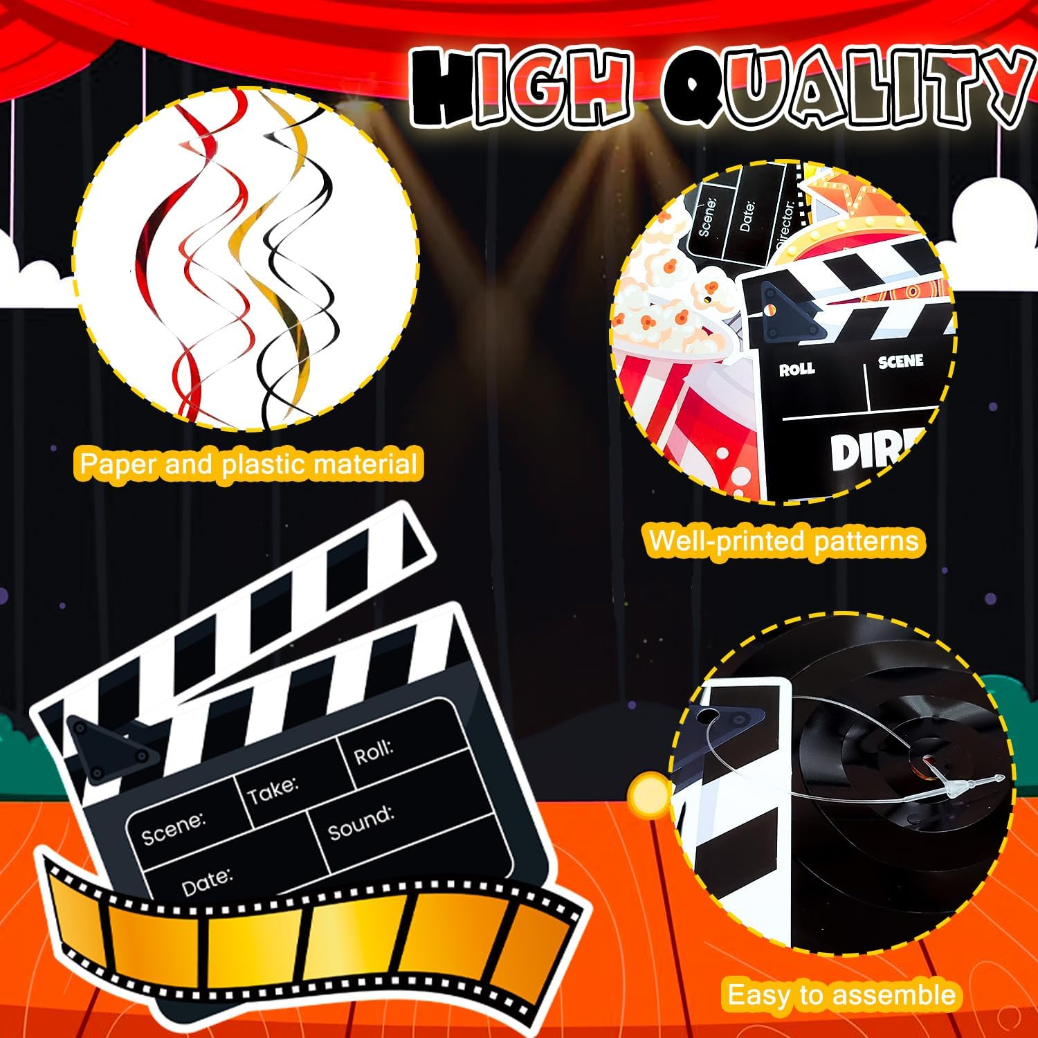 Movie Night Party Swirl Banner, 8Pcs Movie Night Birthday Party Decorations Set -Hanging Swirl & Now Showing Banner for Theme Decorations image number 3