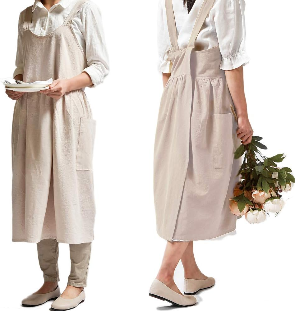 NEWGEM Cotton Linen Cross Back Apron for Women with Pockets Cute Japanese Korean Style Pinafore Dress Purplish Red, 1 Magenta Apron without Waist Ties, One Size