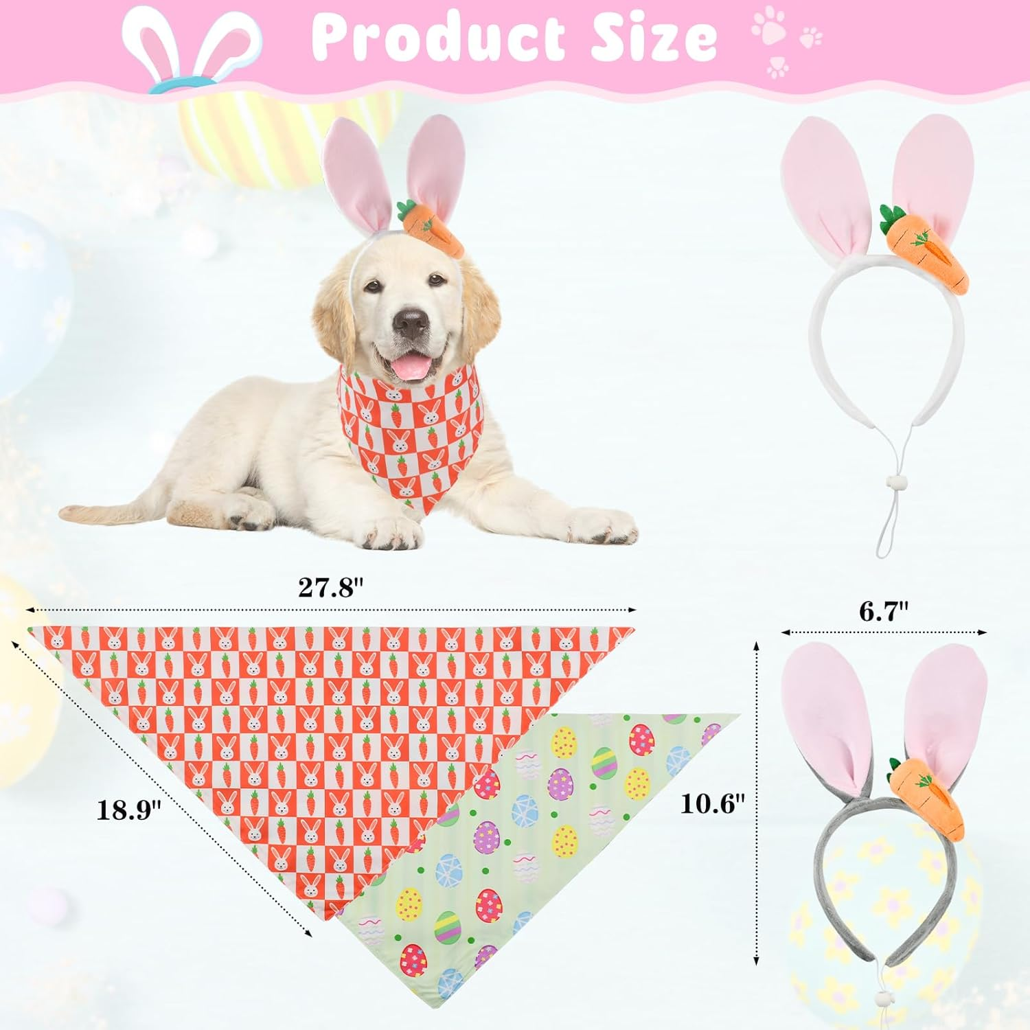 Cooshou Bunny Ears Headband & Reversible Bandana Set for Dogs - Easter Dog Costumes with Cute Carrot & Reversible Pattern - Small/Medium/Large Sizes (2 Sets) image number 3