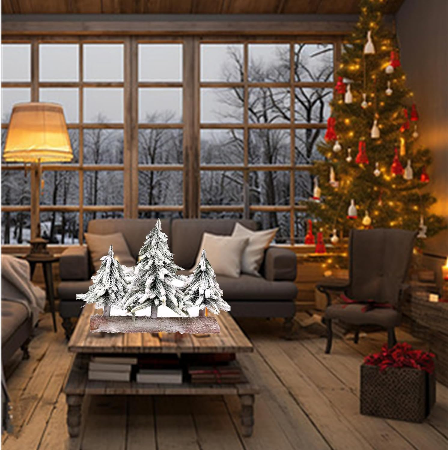 Alfyng Mini Tabletop Christmas Tree, 3 Pcs Connected Artificial Snow Frost Flocked Xmas Tree, 10.6Inch Miniature Pine Desktop Christmas Xmas Tree with Wooden Base for Dining Table Home Christmas D&eacute;cor