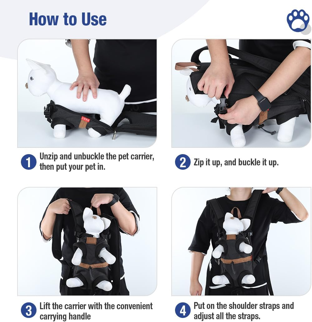 Lekereise Dog Carrier Backpack for Small Medium Dogs Cats Puppies, Adjustable Pet Front Cat Dog Carrier Backpack Travel Bag, Legs Out, Easy-Fit, Small, Black image number 3
