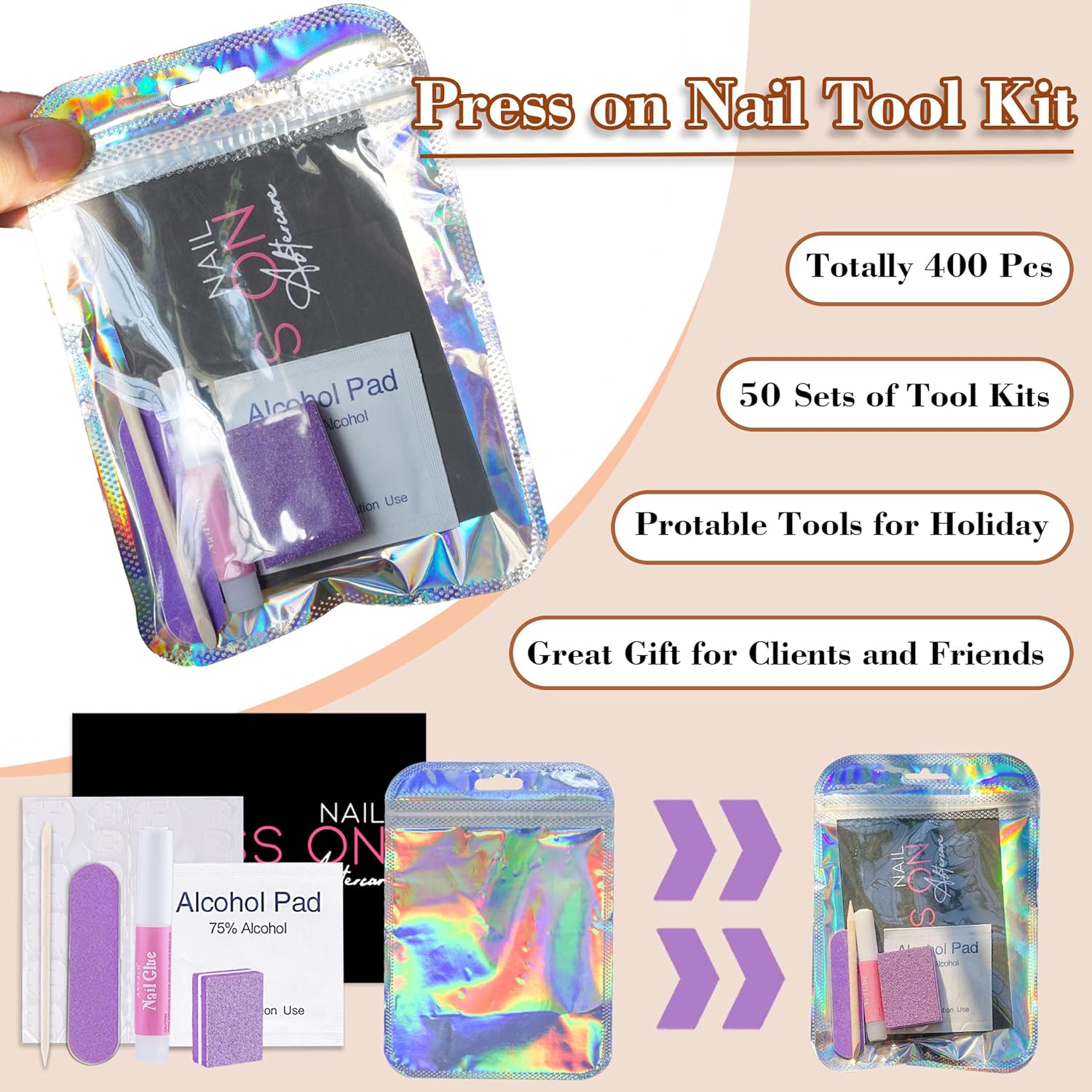 50 Set Press on Nail Tool Prep Kit for Salon Business, Disposable Manicure Kit with Nail File, Buffer, Glue, Prep Pad, Instruction Card, Adhesive Tabs, Wood Stick, Purple Packaging Bag image number 1