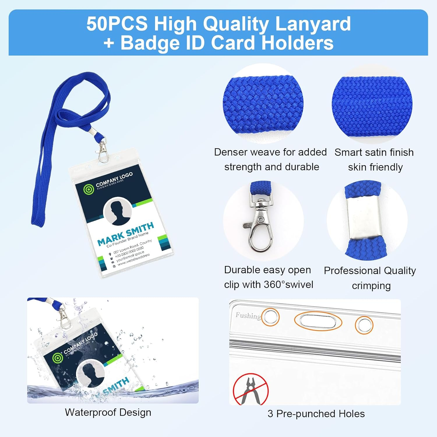 Fushing 50Pcs Clear Plastic Vertical Name Tags Badge ID Card Holders and Blue Neck Lanyards with Swivel Hook for School, Festival, Event image number 1