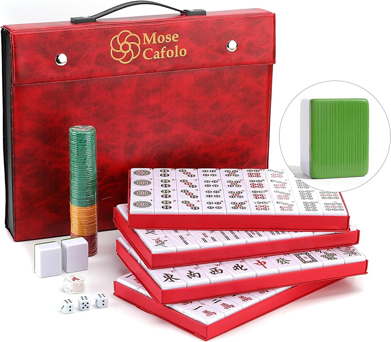 Mose Cafolo Professional Chinese Mahjong Set 144 Numbered Melamine Large Size Tile with Carrying Travel Case, English Instraction, Complete Mahjong Game Set (Majiang, Mah-Jongg, Maj Jongg, Ma Jong)