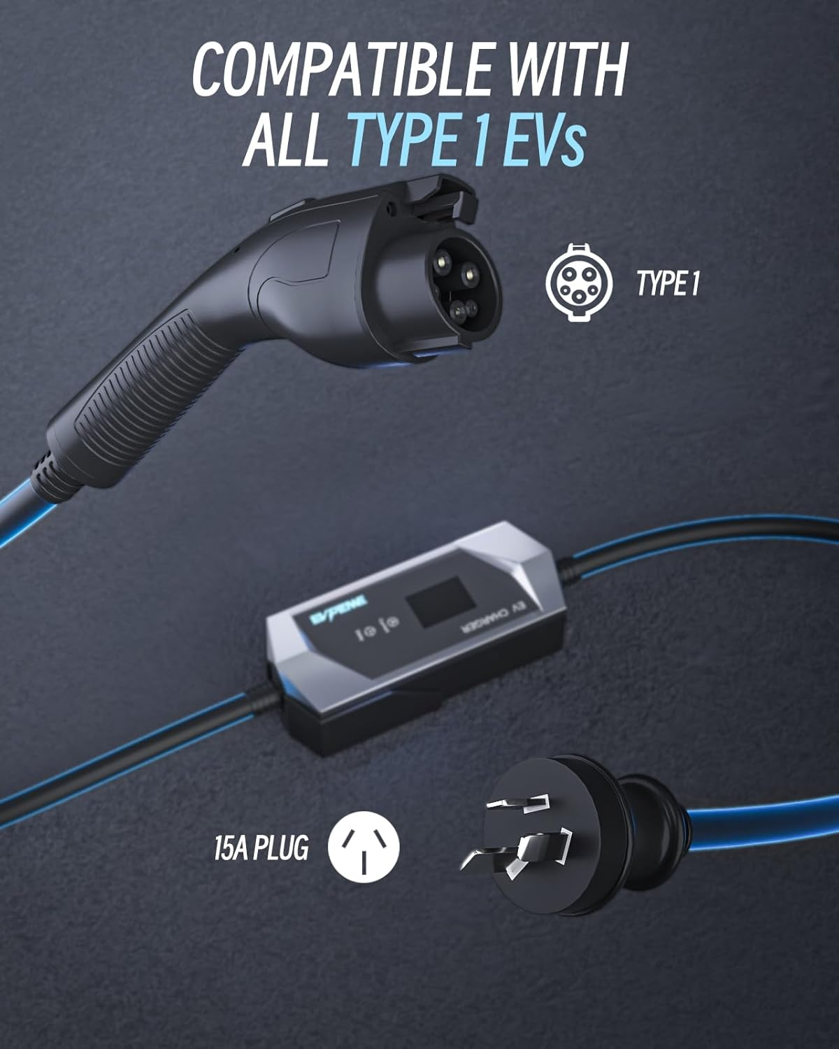 EVPEIWE Type 1 EV Charger 10A/15A EV Charging Cable with Australian 15A Plug/10A Adapter with Adjustable Current Portable Electric Vehicle Charger for Type 1/SAE J1772 Evs, Silver/5M image number 3