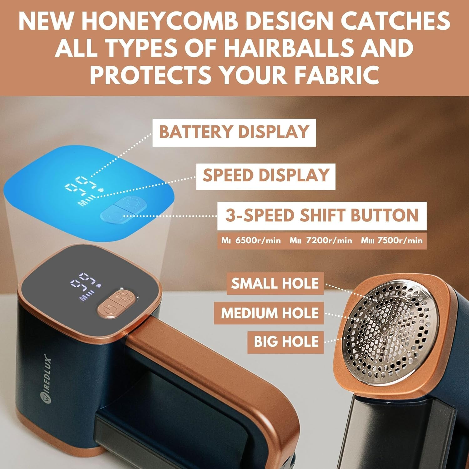 Electric Lint Remover - Rechargeable Fabric Shaver for Clothes & Furniture - Adjustable 3-Speed, 6-Leaf Blade, LED Light, USB Charging - Debobbler with Dual Protection (Cobalt Blue/Copper) image number 1