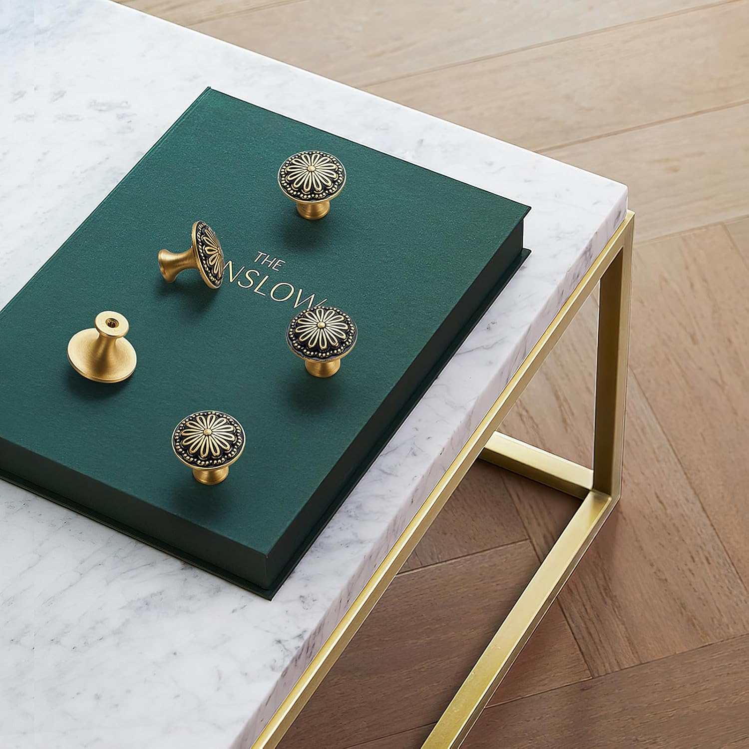 Black and Brushed-Gold Cabinet-Knobs - 5 Pack Flower Brass Drawer Pulls for Dresser Cabinet Hardware image number 5