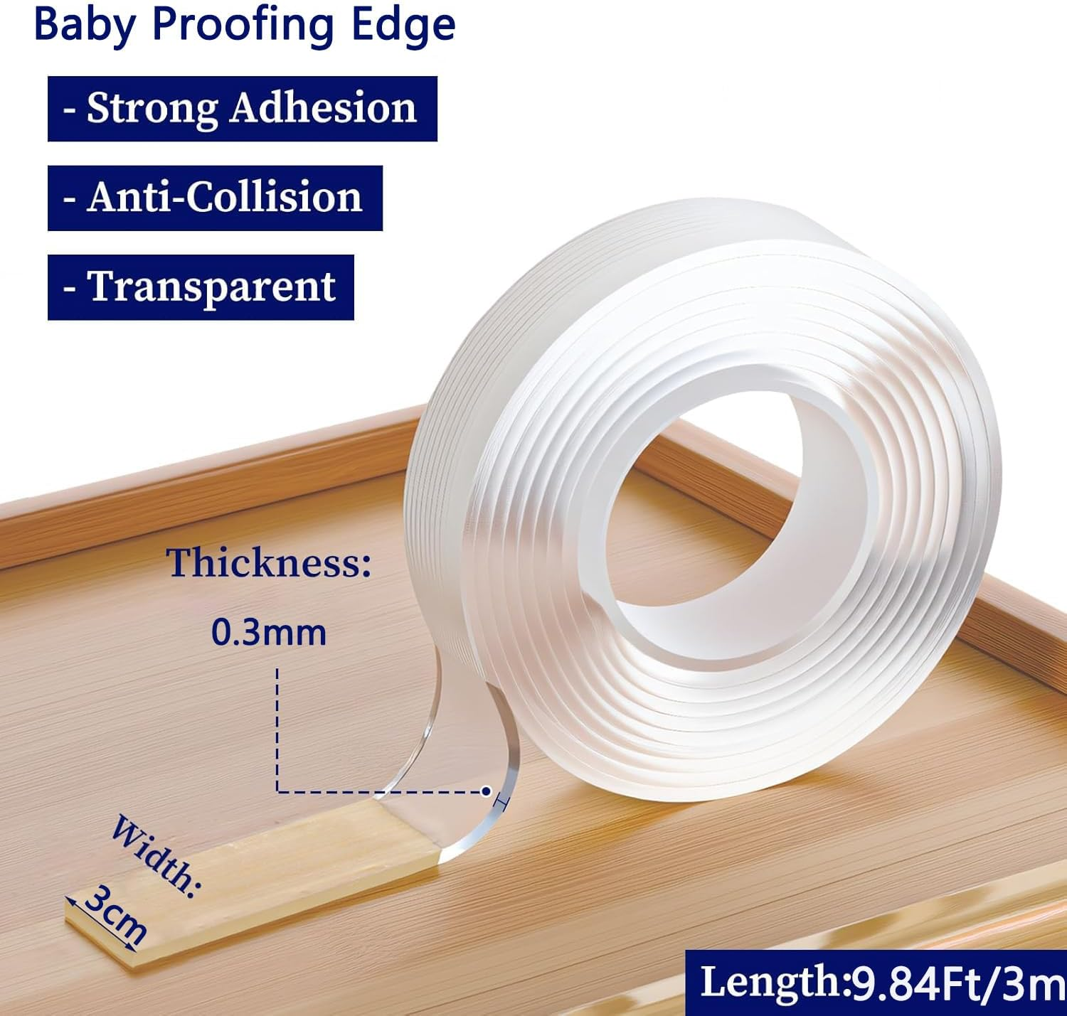 KEWAYO 2Pcs Clear Edge Protector Strip, 1.18In X 9.84FT, Sharp Edge Wrap Cover Tape, Self Adhesive Protective Bumper Guards for Cabinet Door Desk Glass Table Bed Furniture, Kitchen Countertop image number 2