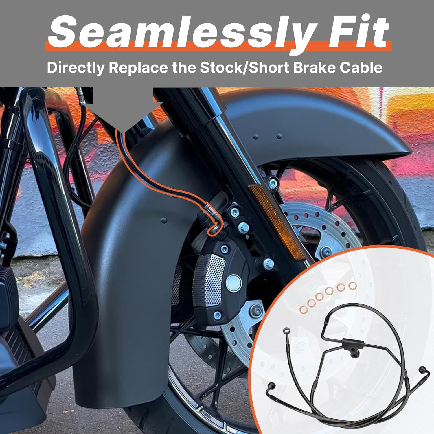 12" Handlebars Extension Front Brake Line for Harley 1996-2013 Harley Touring Road King/Road Glide/Street Glide/Electra Glide NO ABS Models, Stainless Steel Braided Brake Cable, Black image number 4