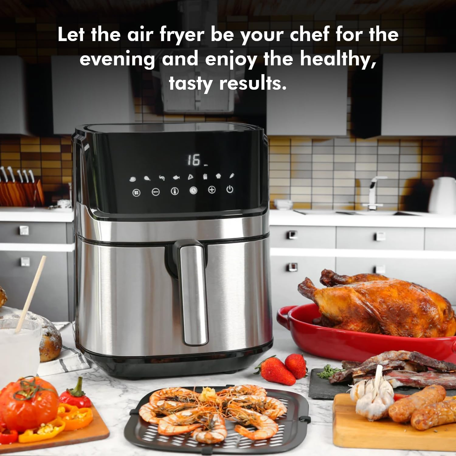 Healthy Choice Digital Air Fryer for Healthy Oil-Free Cooking - Multi-Use 1700W One Touch Digital Air Fryer for Deep Frying, Roasting, Baking & Grilling - 7.1L Stainless Steel image number 4