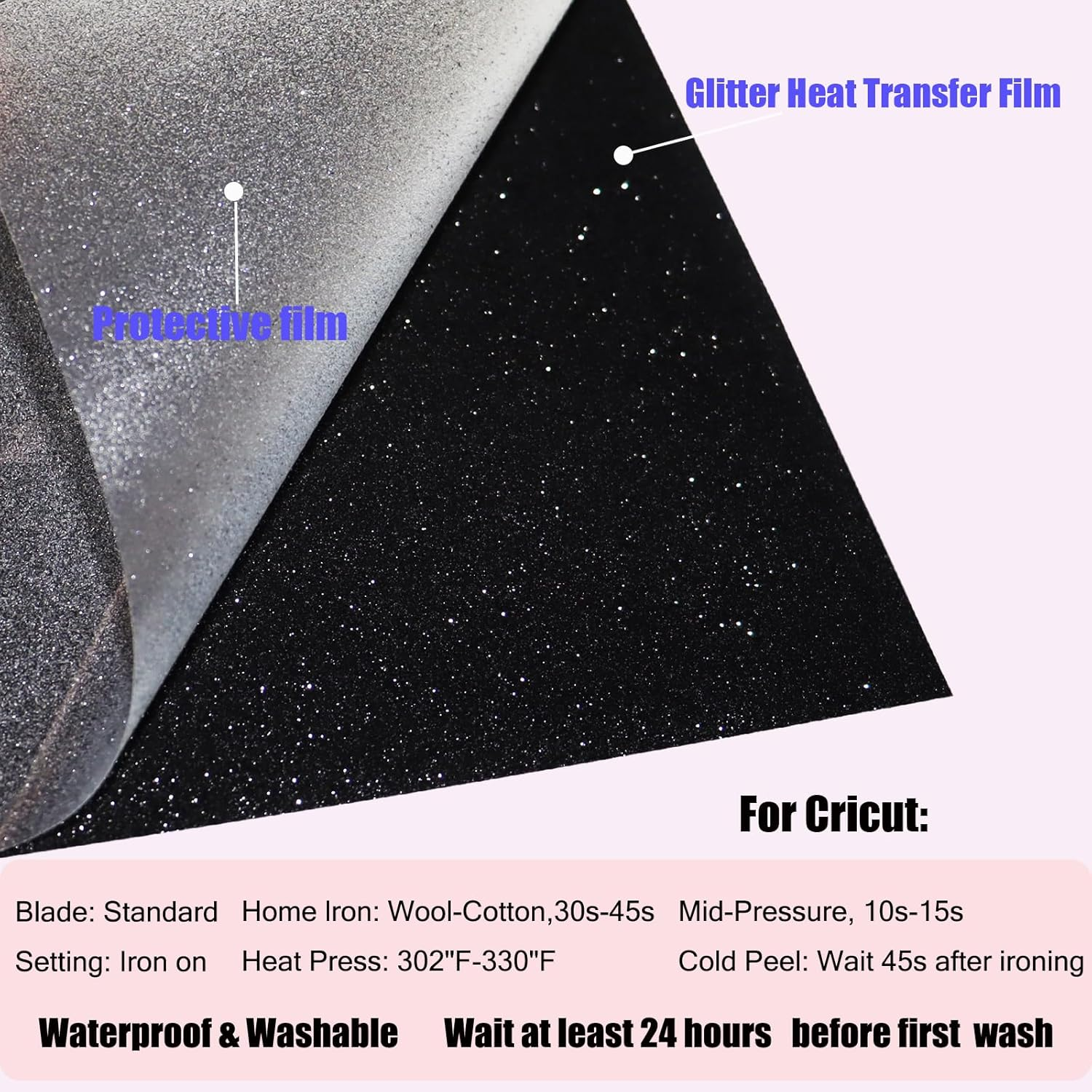 Glitter Heat Transfer Vinyl 12" X 5Ft Black Glitter Iron on Vinyl for T-Shirt, Sparkle HTV Vinyl for All Cutting Machine, Easy to Cut & Weed & Transfer DIY Craft Projects image number 3