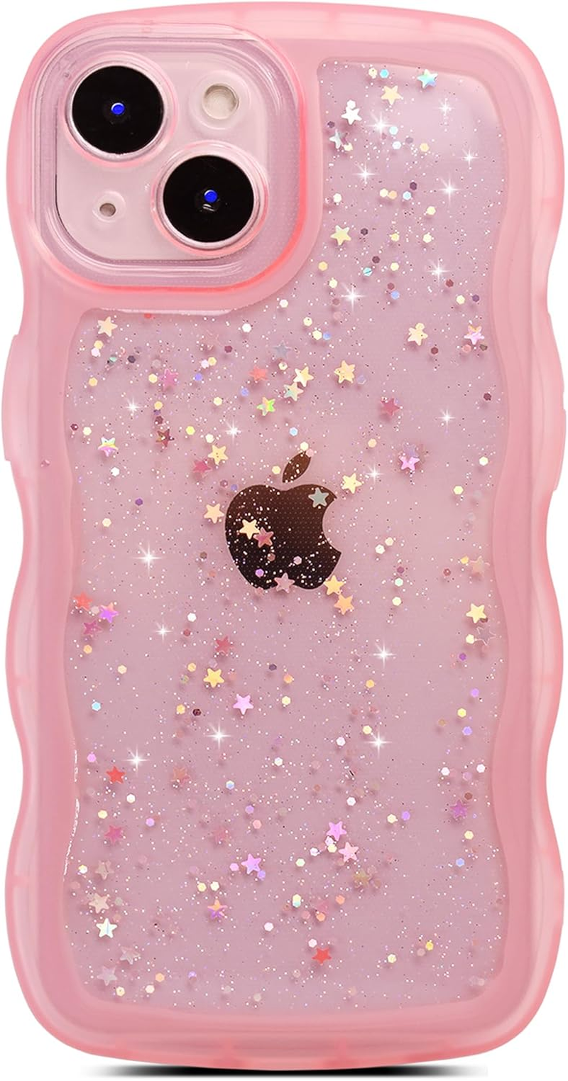 Qokey for Iphone 13 Mini Case 5.4" Curly Wave Edge Design Transparent Bling Glitter Star Shiny Cute Clear Transparent Full Protection Soft TPU Shockproof Phone Cover for Women Girls,Pink image number 4
