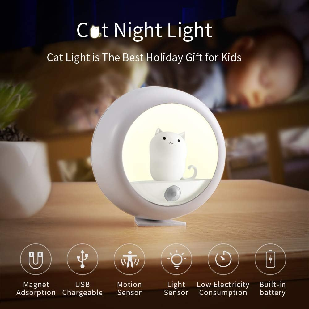 Motion Sensor Night Light,Warm White USB Rechargeable Bedside Light,Magnetic Cat Lamp for Closet Bedroom Bathroom Stairs Kitchen Hallway,Adjustable 2 Brightness Levels.1- Pack (White)&hellip; - White 01 image number 6