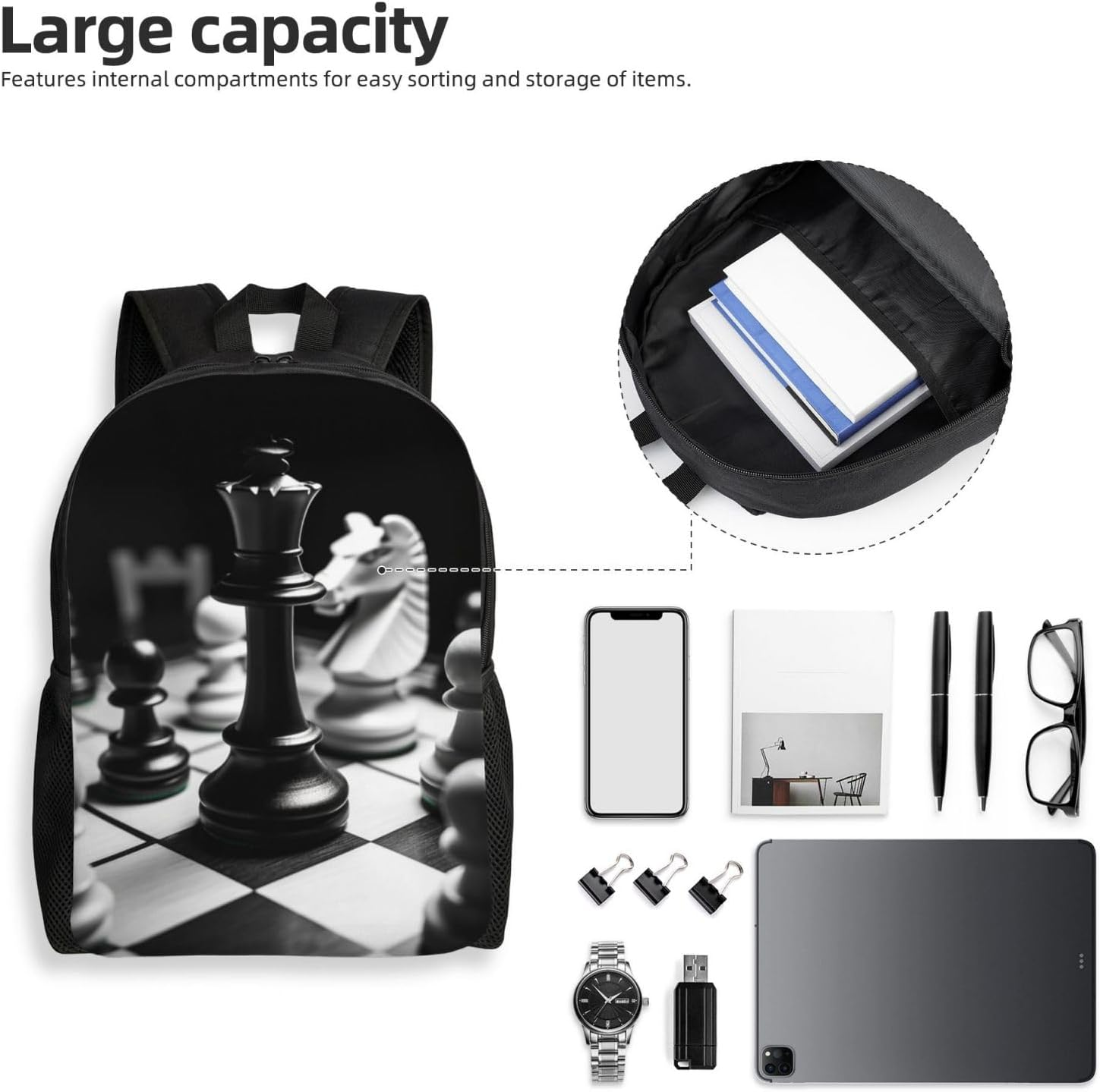 FJWSLCH Black and White Chess Backpack for Women Men Laptop Backpack 16.1 Inch Computer Bag Casual Daypack for Travel, Black, One Size, Travel Backpacks image number 5