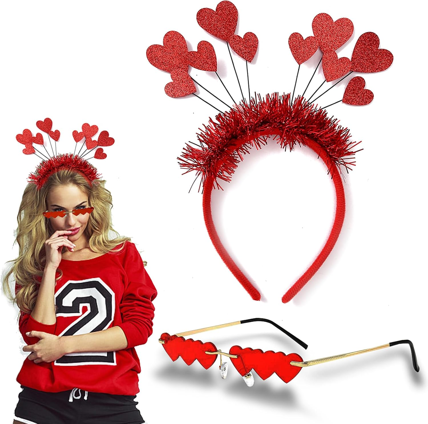 HXUING Heart Headband Glitter with Heart Shape Glasses, Heart-Shaped Headband, Heart Headband, Red Sequins, Heart Headband, Party Glasses, Hair Bands, Hair Accessories for Valentine'S Day, Wedding, image number 3