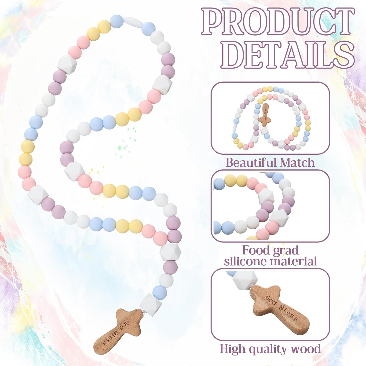 Misdary Baby Rosary Baptism Gift Silicone God Bless Kids First Rosary with Cross 1St Year Baptism Party Supply for Baby Shower Christian Communion Gifts (Multicolor,Square) image number 5