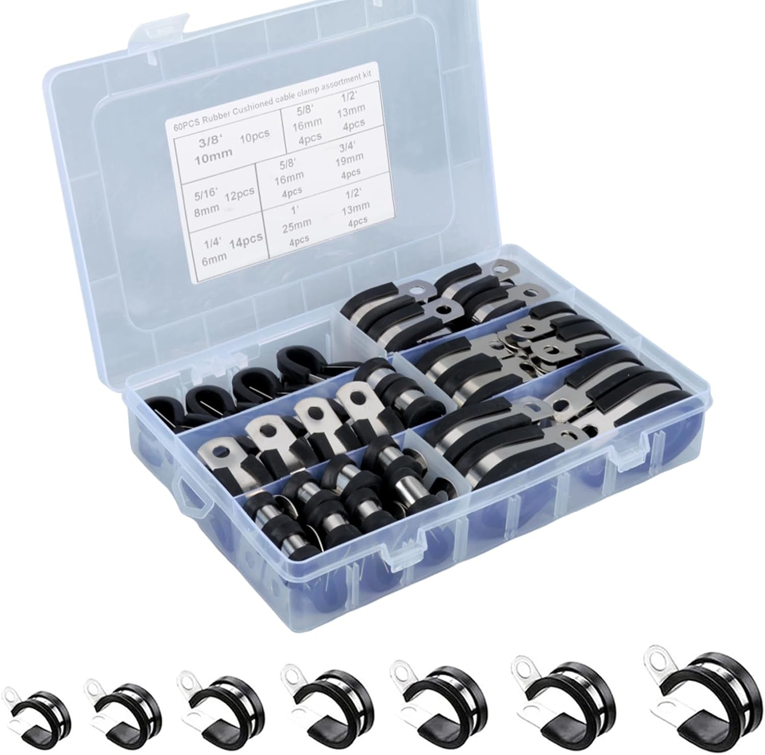 60PCS Cable Clamps Assortment Kit with 7 Sizes Rubber Coated Insulated Cable Clips 304 Stainless Steel Pipe Cable Clips for 1/4" 5/16" 3/8" 1/2" 5/8" 3/4" 1"
