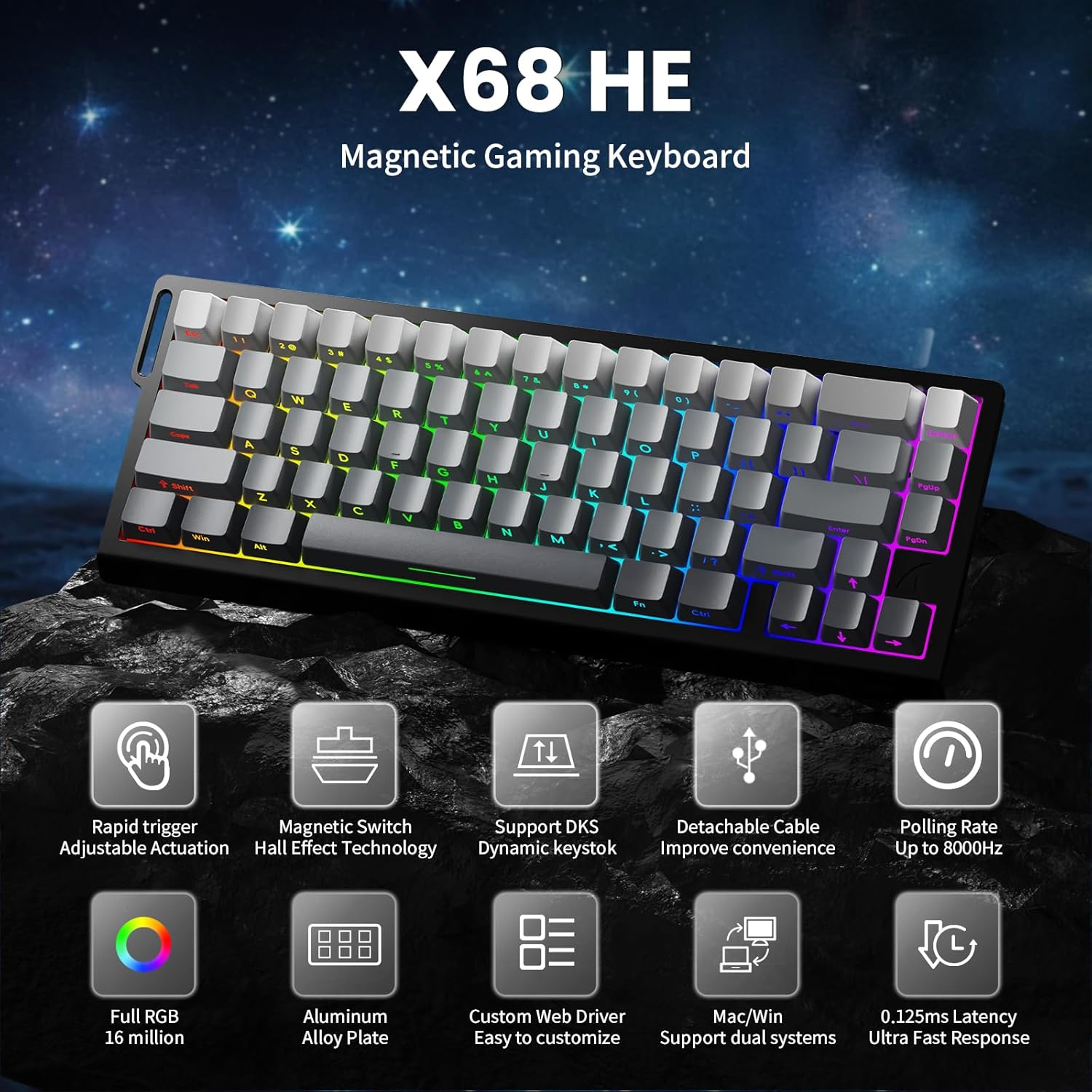 Attack Shark X68 HE 8000Hz Rapid Trigger Keyboard, 0.01Mm RT Accuracy Wired Gaming Keyboard with Magnetic Switch, Adjustable Actuation, Rapid Trigger, Snap Tap, RGB Lighting for Pc/Mac, Moonlight image number 3
