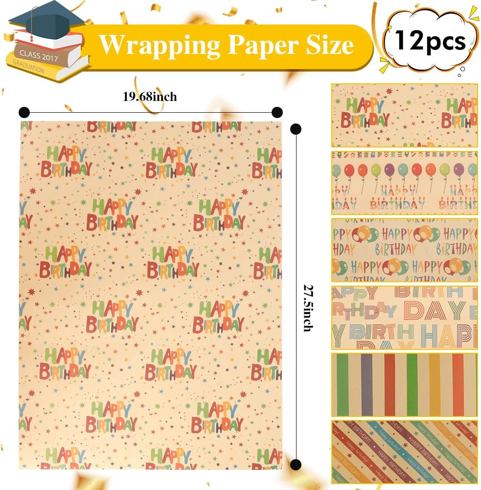 Rugwioyu 12 Sheets 20X27In Birthday Wrapping Paper Roll 4 Style Funny Gift Wrapping Supplies image number 5