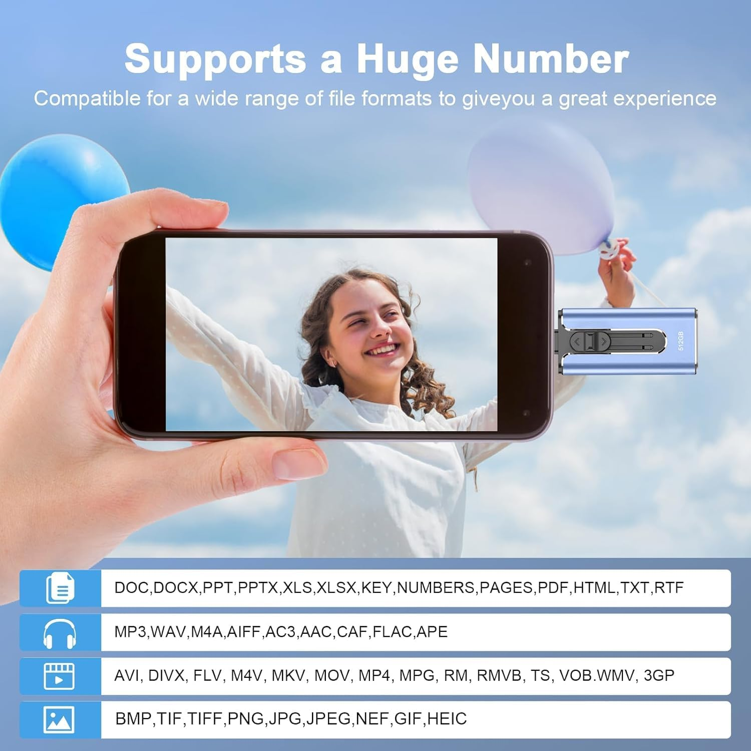 Phone Photo Stick,Mfi Certified Phone Flash Drive,4 in 1 512G USB Drive for Phone Ipad USB Stick,Phone Thumb Drive,Phone Photo Storage Phone Memory Stick for Phone/Pc/Ipad/More Devices(Blue - Blue image number 5