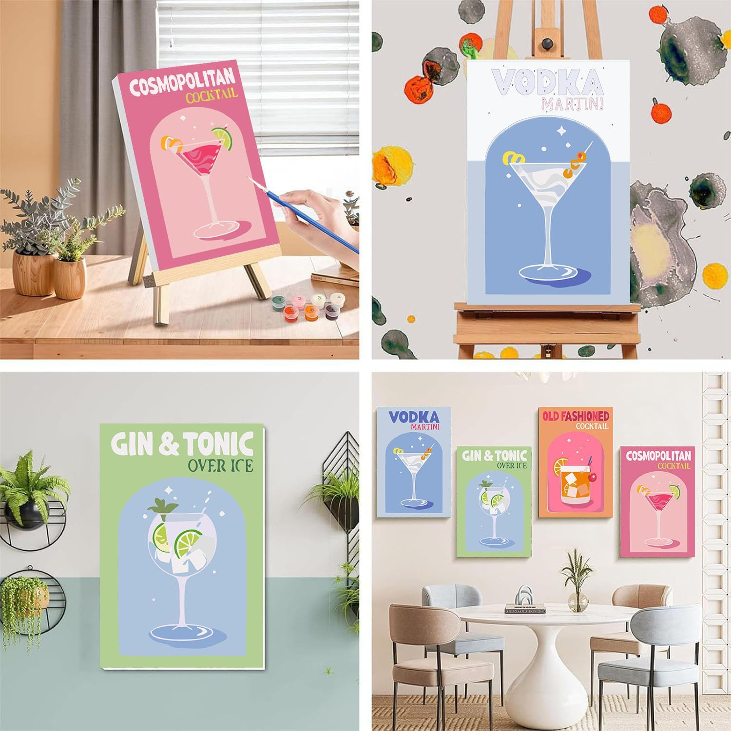 Ajepon 4 Pack Retro Cocktail Paint by Numbers Kit for Adults, DIY Vintage Easy Paint by Number with Framed Canvas, 8X12Inch image number 3