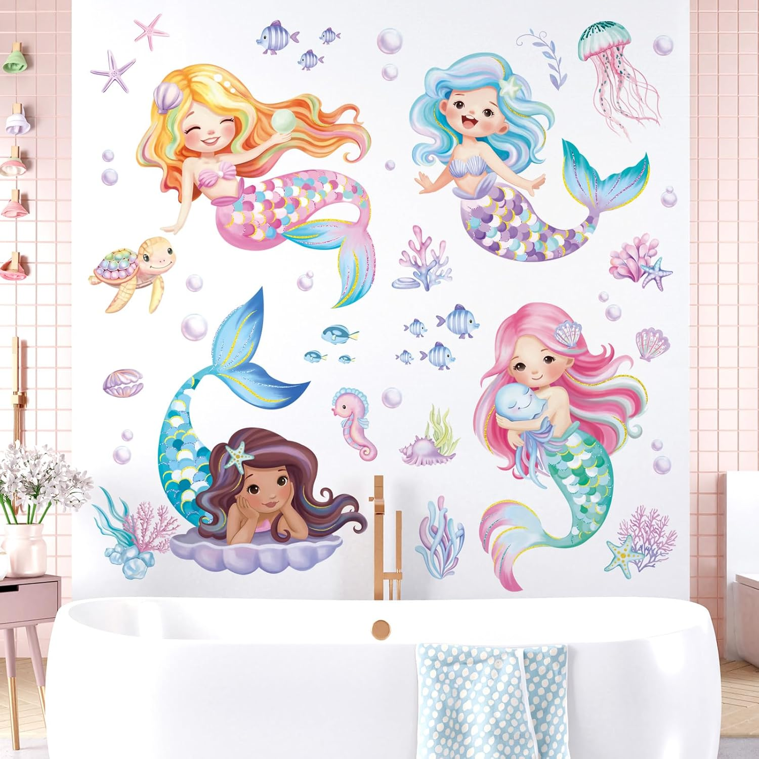 Decalmile under the Sea Mermaid Wall Decals Ocean Fish Starfish Turtle Wall Stickers Baby Nursery Girls Bedroom Bathroom Wall Decor image number 2