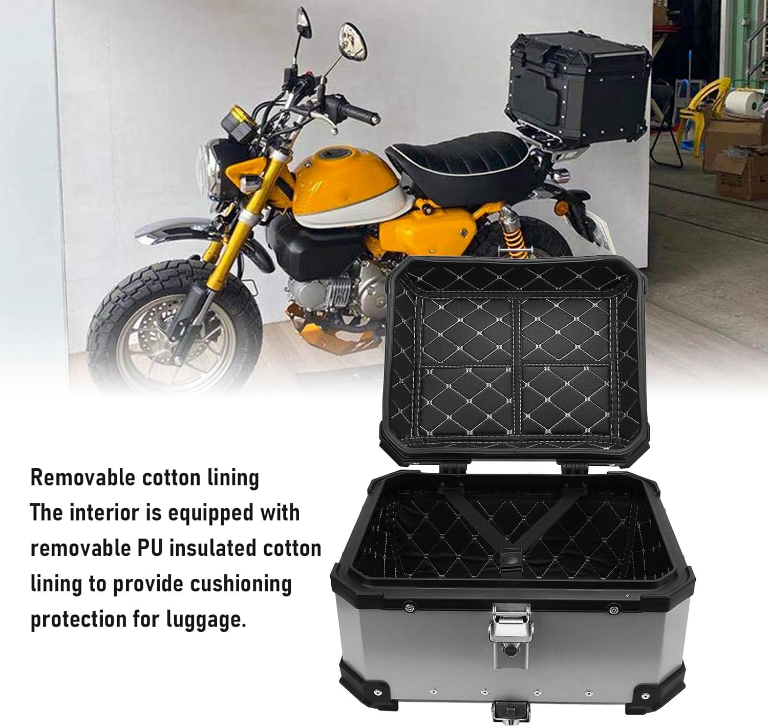 32L Motorcycle Top Case with Safety Lock, Quick Release Motorcycle Trunk, Water Resistant Aluminum Alloy Motorcycle Top Box, Universal Fit Motorcycle Tail Bag (Silver) image number 4