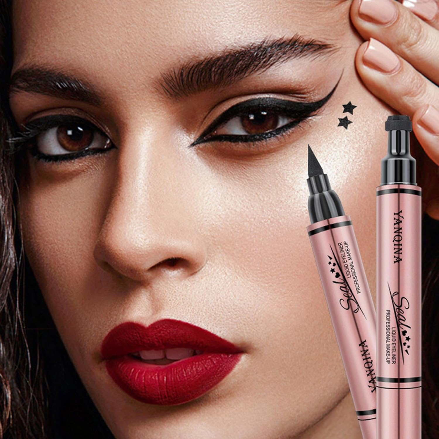 Dual-Ended Stamp Eyeliner Pen - Waterproof Quick-Dry Liquid Eyeliner with Stamp Design for Winged, Star, and Heart Patterns, Smudge-Proof and Easy to Apply image number 2