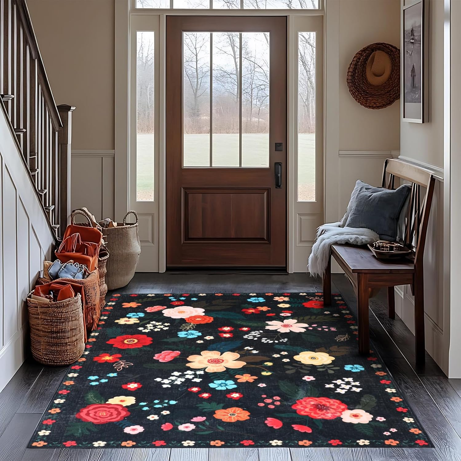 MOSISO 4X6 Area Rug for Living Room, Washable, Non Slip Multicolored Flower, Low Pile Carpet, Faux Wool Rectangular Area Rug Carpet for Living Bedroom Dining Room Home, Black image number 1