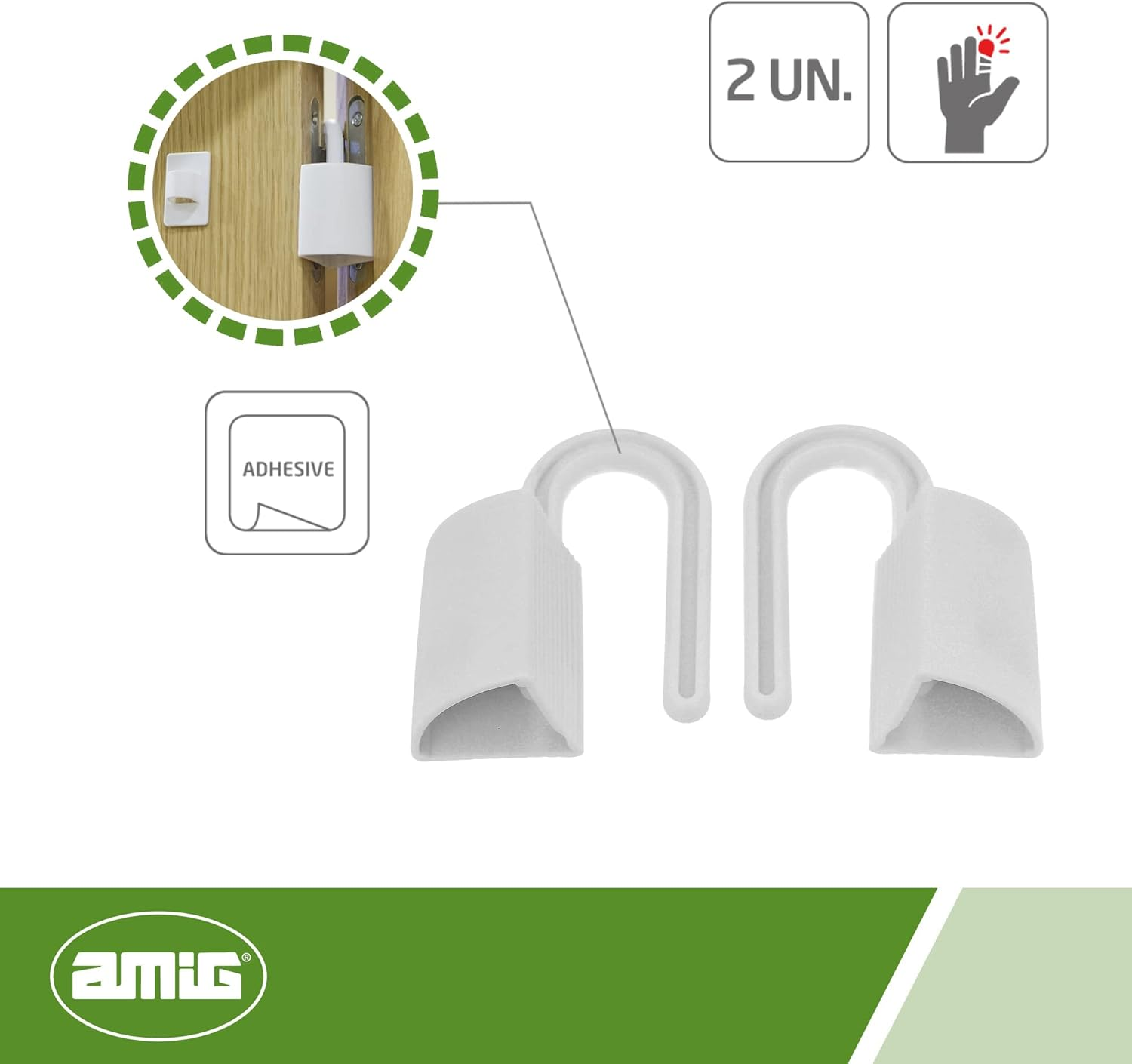 Amig - Pack of 2 Door Stoppers for Hanging Hinges, Blocks the Door and Prevents Unwanted Locks, Includes Adhesive Holder for Hanging When Not in Use, White image number 4
