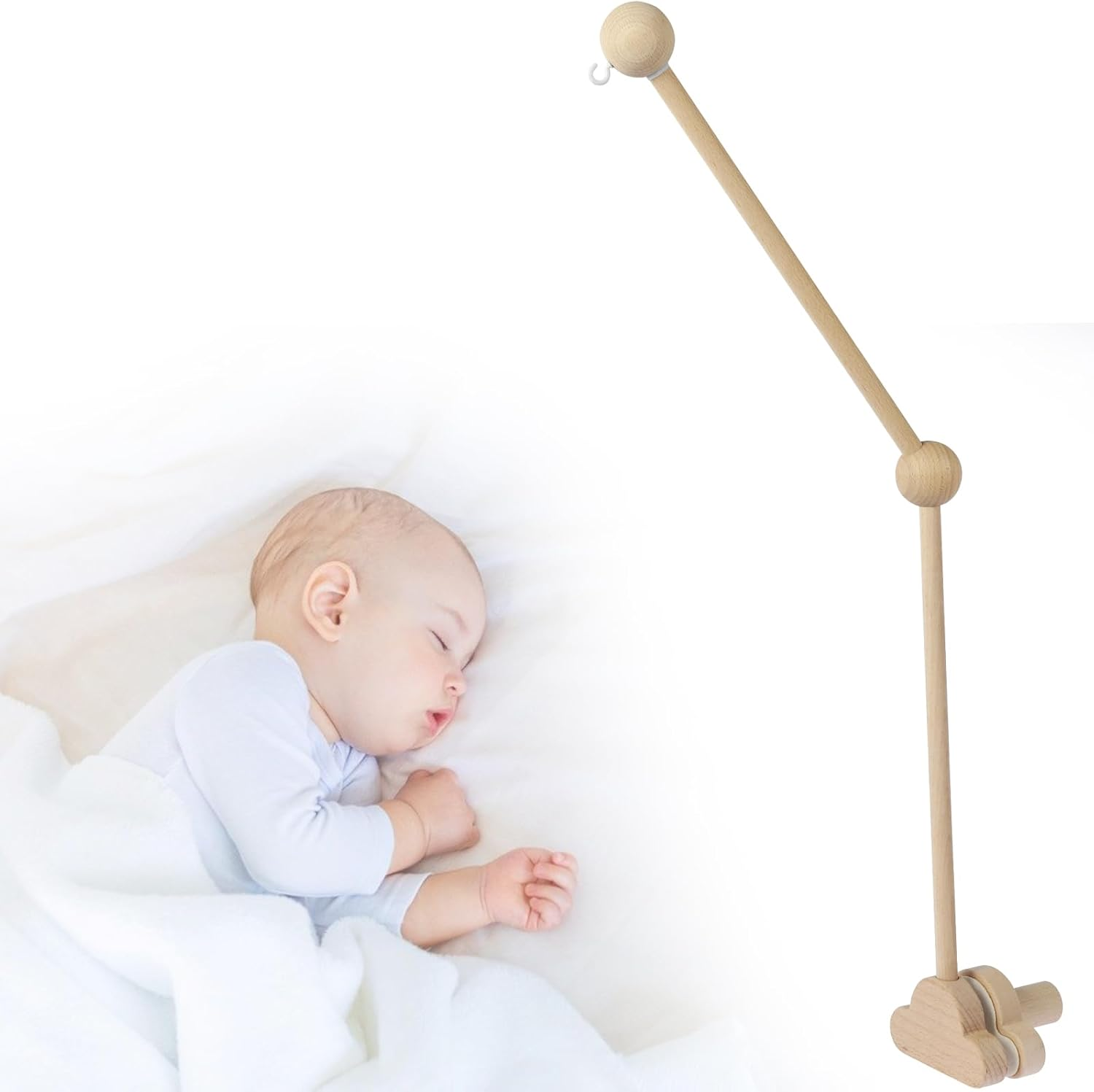 27Inch Baby Crib Mobile Arm，Wooden Mobile Arm for Crib Baby Nursery Mobile Hanger for Crib, Adjustable Angle Height Cot Mobile Holder for Crib Mini Crib Mobile Arm(Log Color) - White image number 6