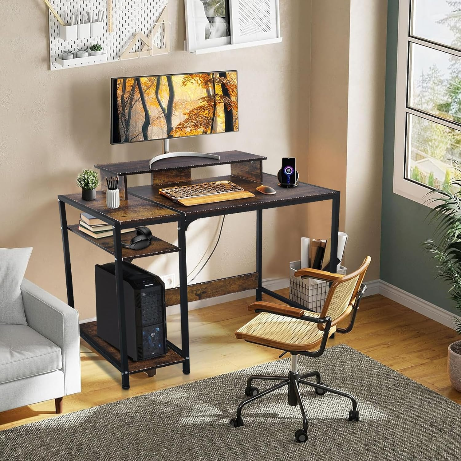 Computer Desk with Reversible Storage Shelves, Home Office Desk with Monitor Stand, Modern Simple Writing Table for Work Study Writing,100 * 45 * 76Cm image number 2