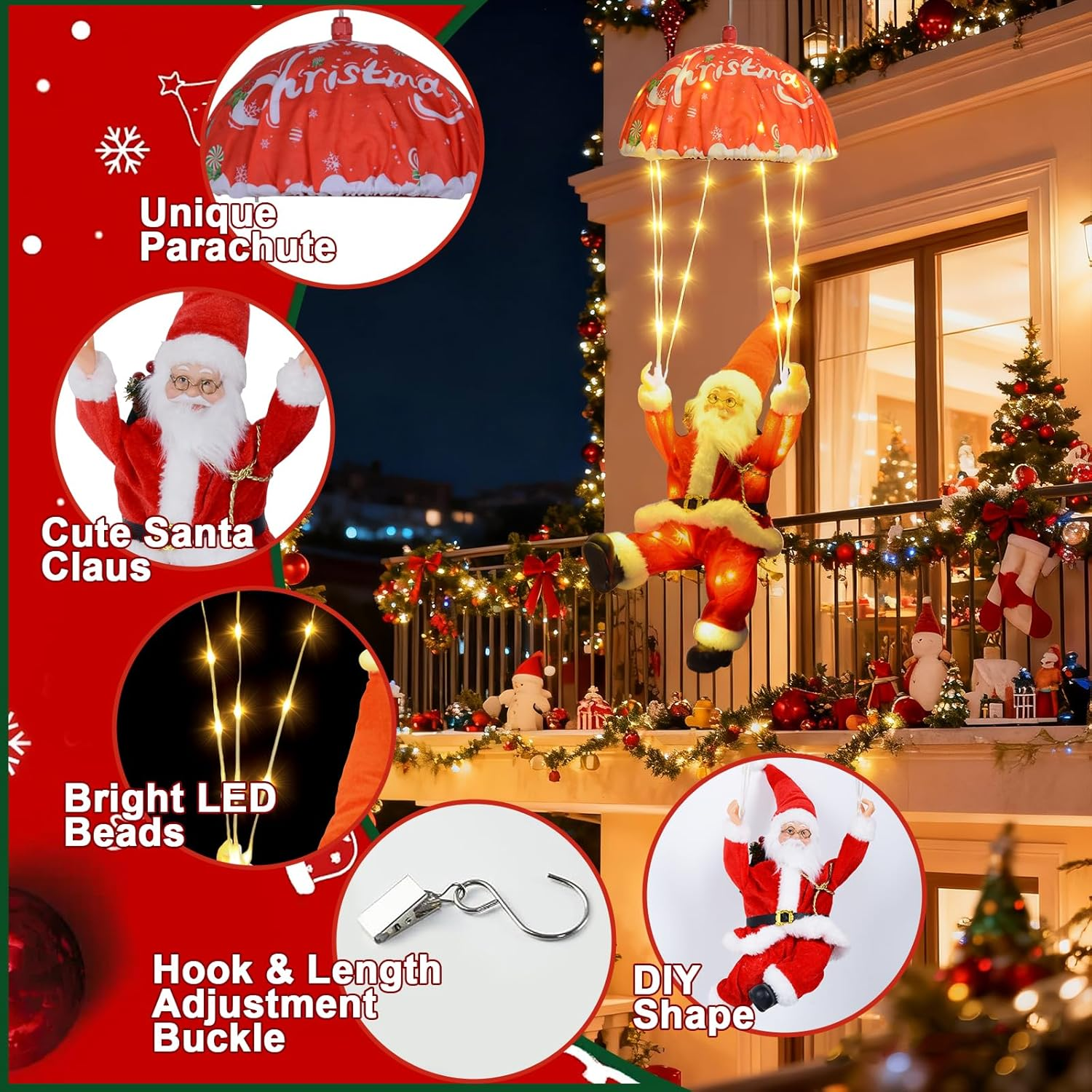 Qoosea Santa Claus Parachute Fairy Lights, 63 Cm, 88 LED Christmas Fairy Lights, USB with Timer, 8 Modes, Christmas Lighting for Christmas Tree, Window, Balcony, Indoor, Outdoor, Christmas Decoration image number 6