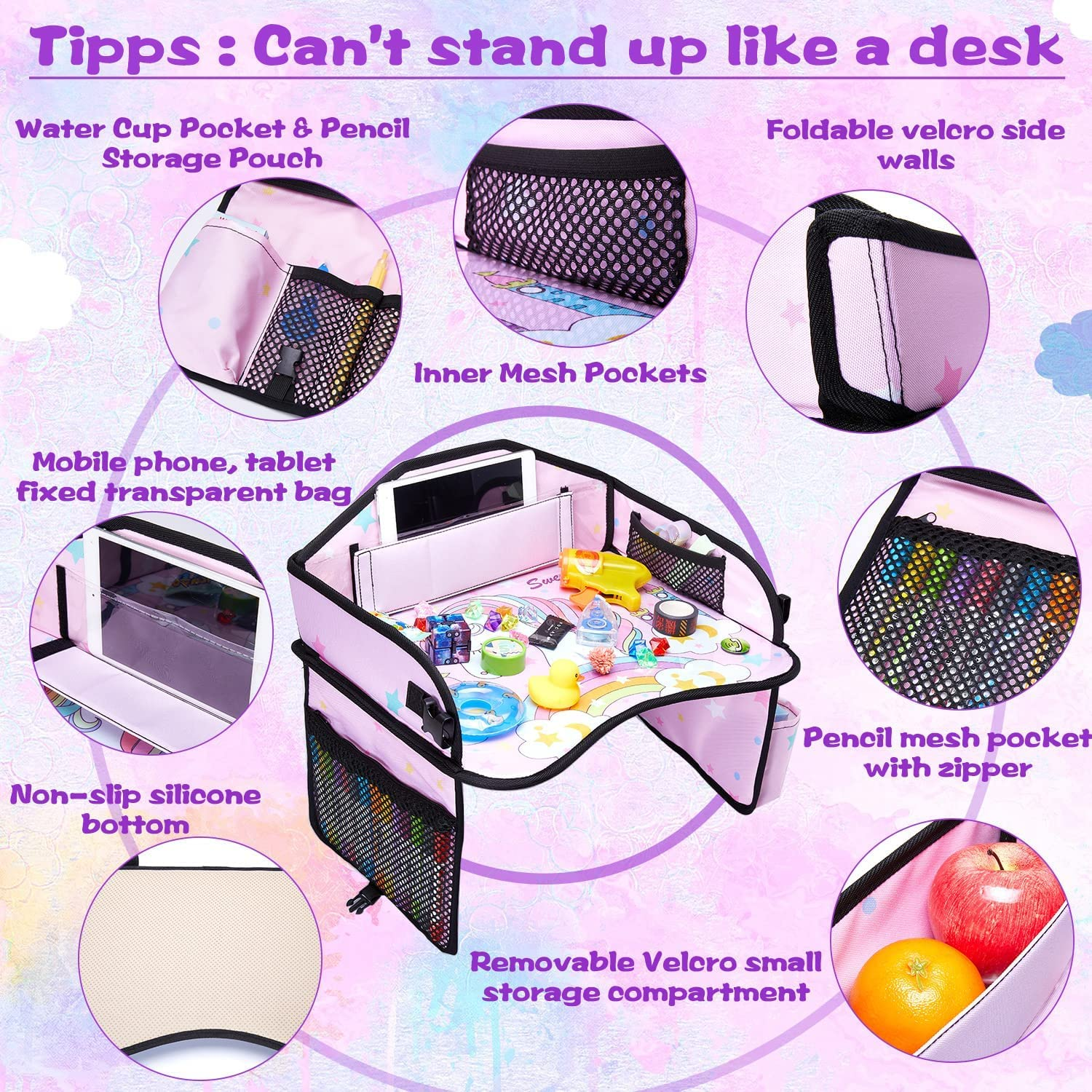 Lordap Kids Travel Tray for Toddler Car Seat,Toddler Car Seat Tray Organizer,Large Ipad Holder a Road Trip Essential,Soft Padding,Waterproof,Food & Snack Lap Tray Carseat,Stroller,High Chair (Pink) image number 2