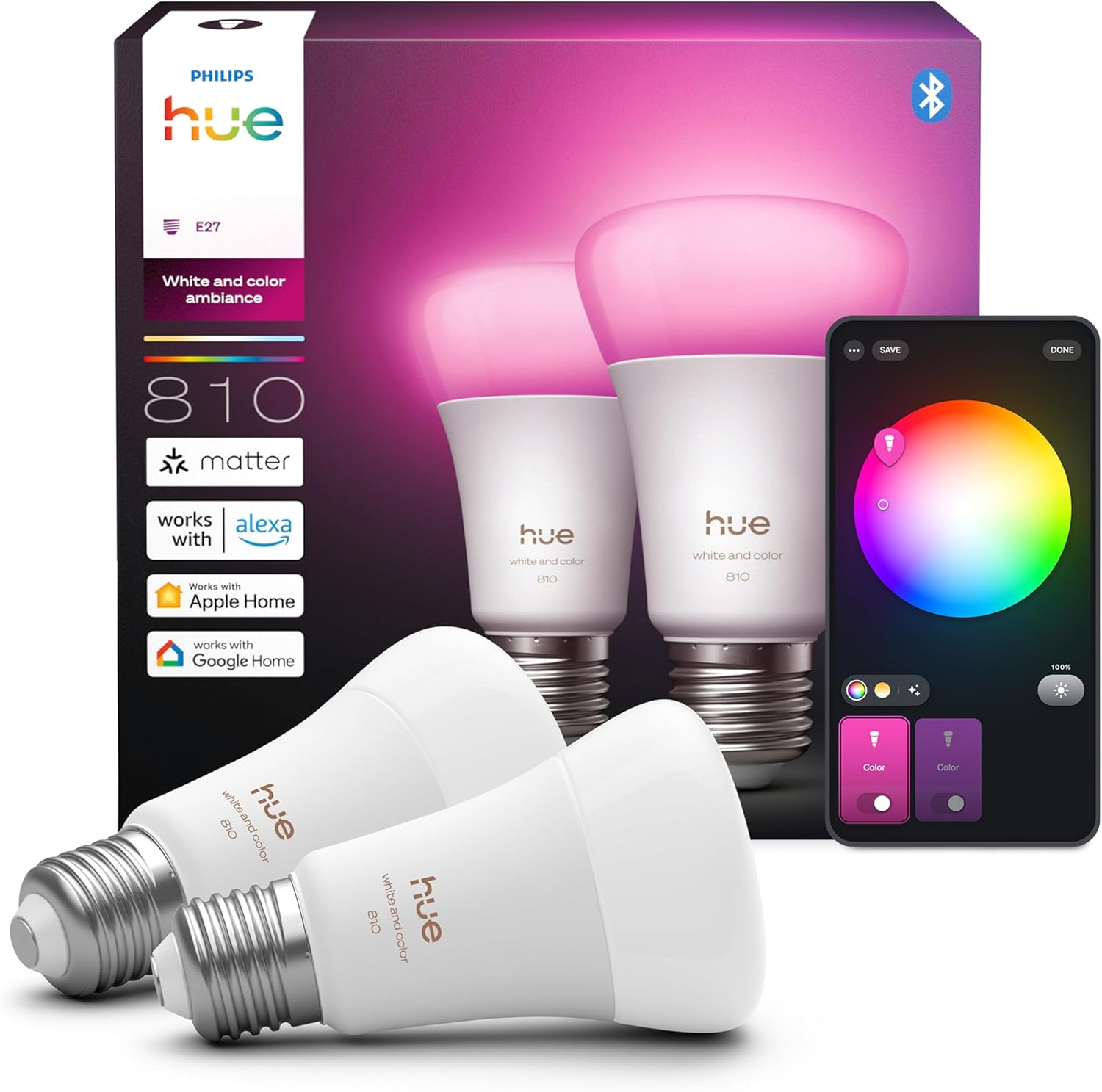 Philips Hue Smart LED A60 Bulb, White and Color Ambiance, E27 Base, 6W, Full Spectrum Light 1000K-20000K, 810 Lumens, Dimmable, Compatible with Alexa, Google Assistant, and Apple Home, 2 Pack
