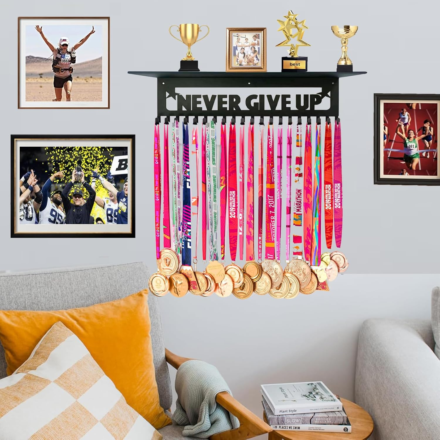 Medal Hanger Display,Trophy Shelf Medal Display Holder with 20 Hooks,Metal Awards Rack for Walls Holds,Race Medal Display Upgraded Medal Holder Display for Gymanstics,Soccer,Swim,Run image number 5