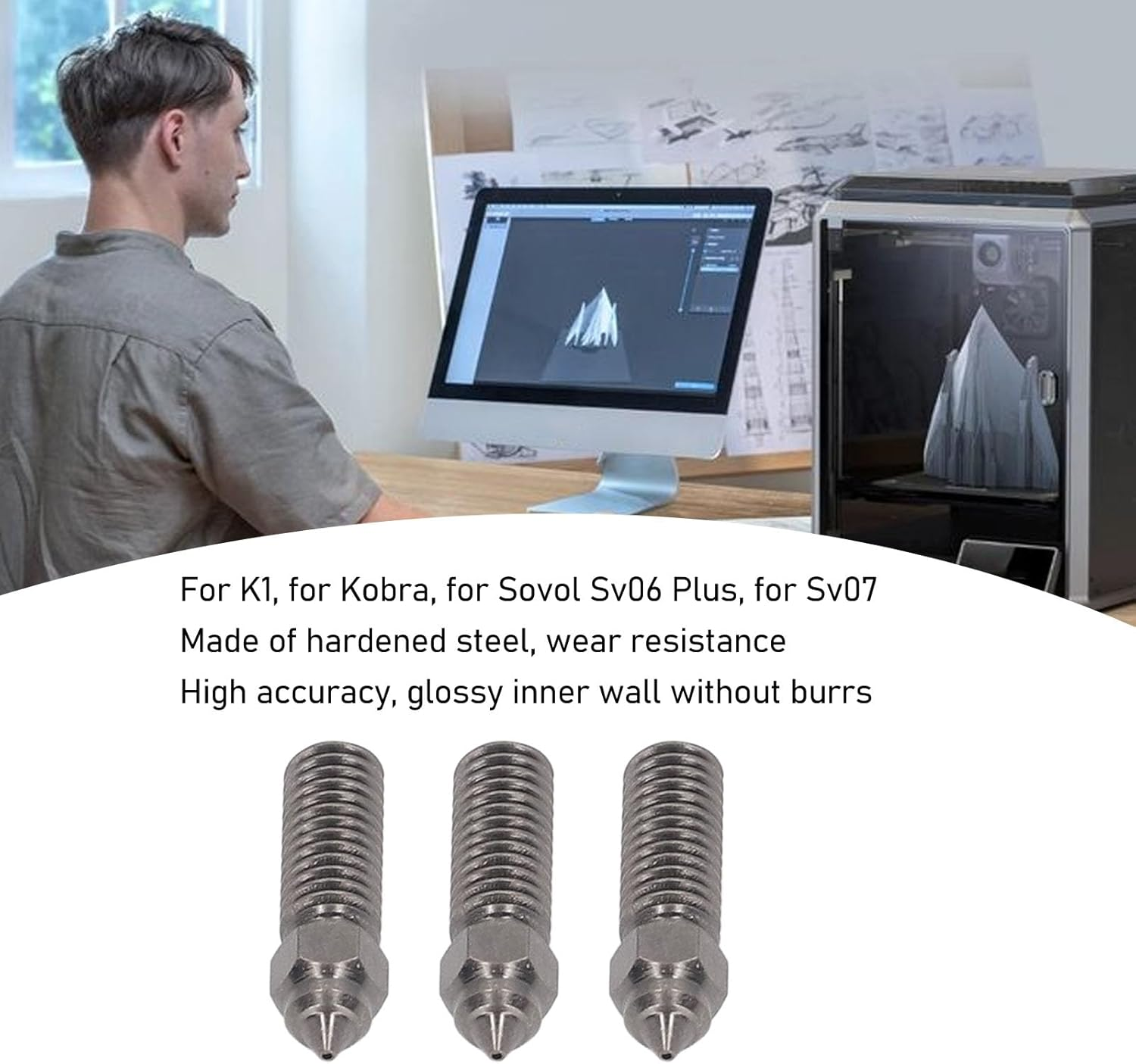 3PCS Hardened Steel Nozzles for K1, for Kobra, for Sovol Sv06 plus Sv07 3D Printer Extruder Nozzles Metal Nozzle Ends 3D Printer Extruders MK8 3D Printer Extruder Nozzle image number 6
