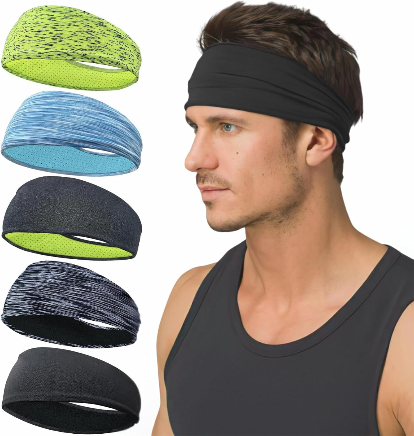 Sports Headband for Men, JOMWEN Moisture Wicking Breathable Sweatband, Reused & Washed Headband Sweat Bands for Running Cycling Yoga Fitness Workout