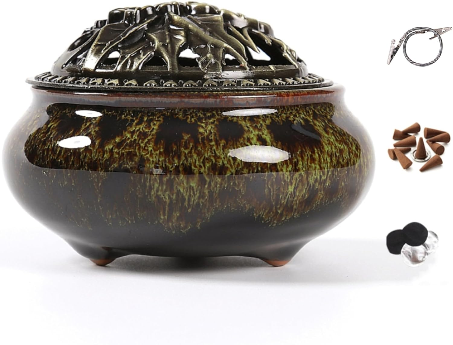 Censer Sky Blue Incense Burner with Calabash Incense Stick Holder - Porcelain Charcoal Censer for Use with Resin Granular Powder Cone or Coil Incense (Violet)