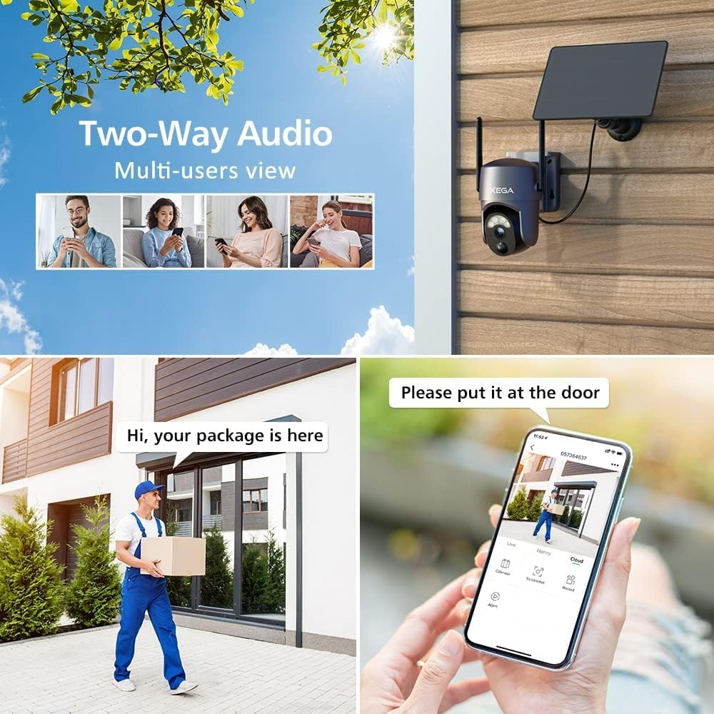 Xega Smart Solar Security Camera Outdoor Wireless 2K Super HD PTZ CCTV Camera Wi-Fi Surveillance Camera Home Security Color Night Vision PIR Human Detection Two-Way Audio