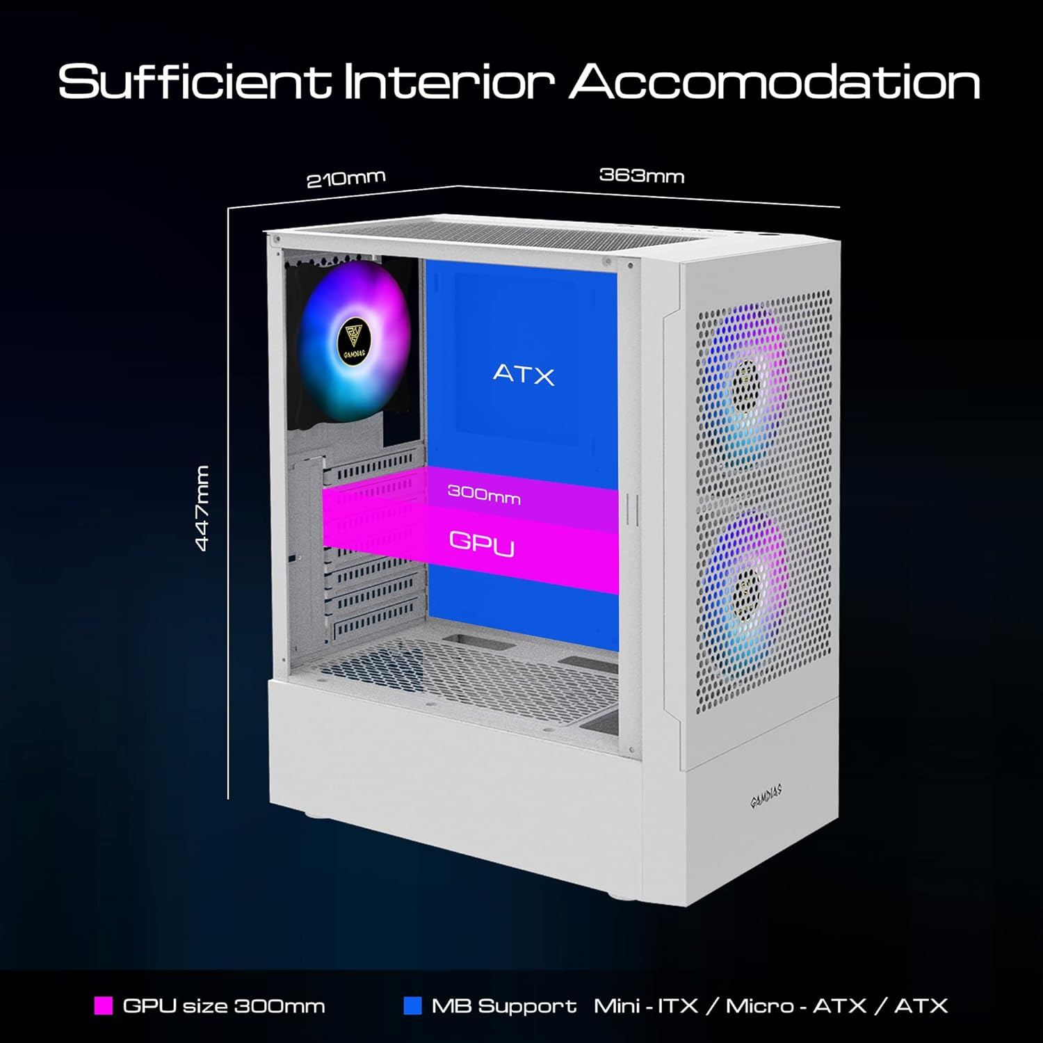 GAMDIAS Zeus White RGB Gaming ATX Mid Tower Computer PC Case with Side Tempered Glass Panel and a Magnetic Dust Filter & 3 Built-In 120Mm ARGB Fans image number 3